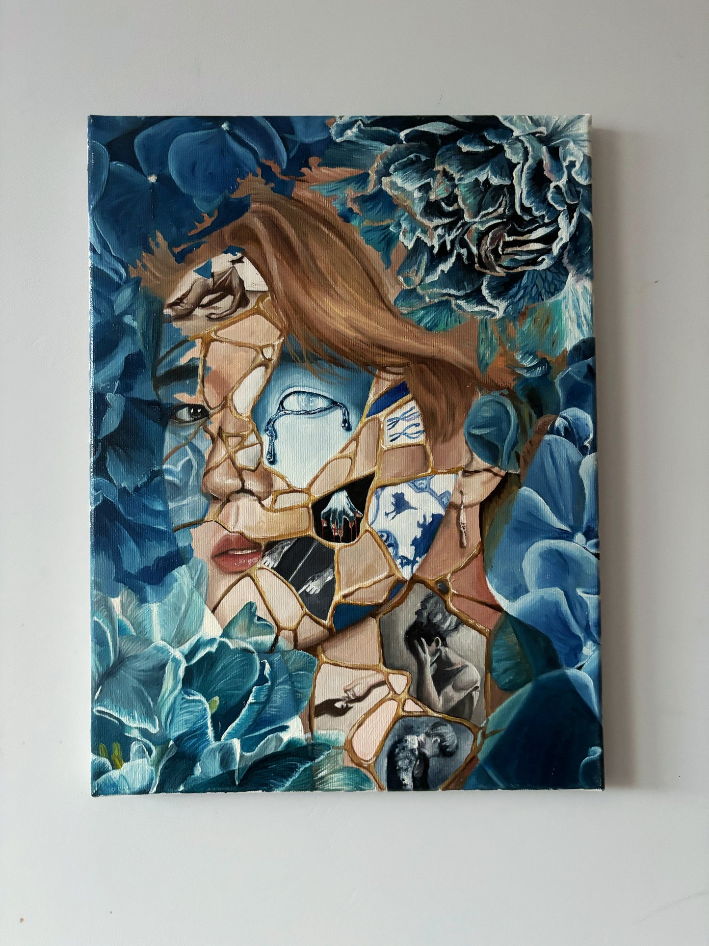 "Shattered Bloom: Resilience in Blue" Original Oil Painting