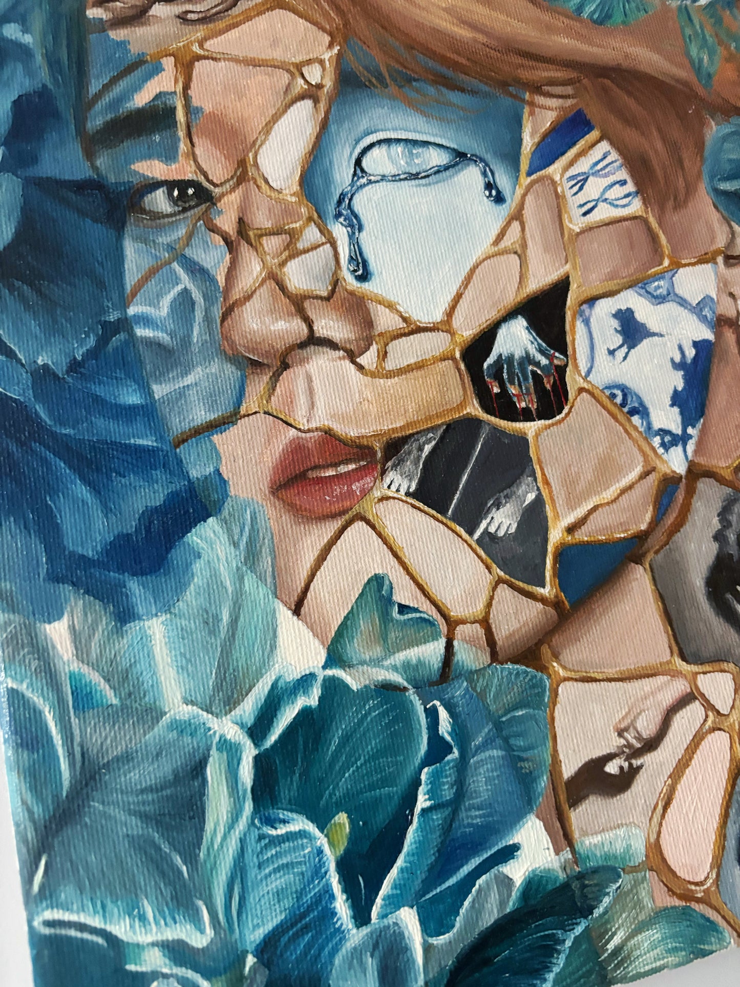 "Shattered Bloom: Resilience in Blue" Original Oil Painting