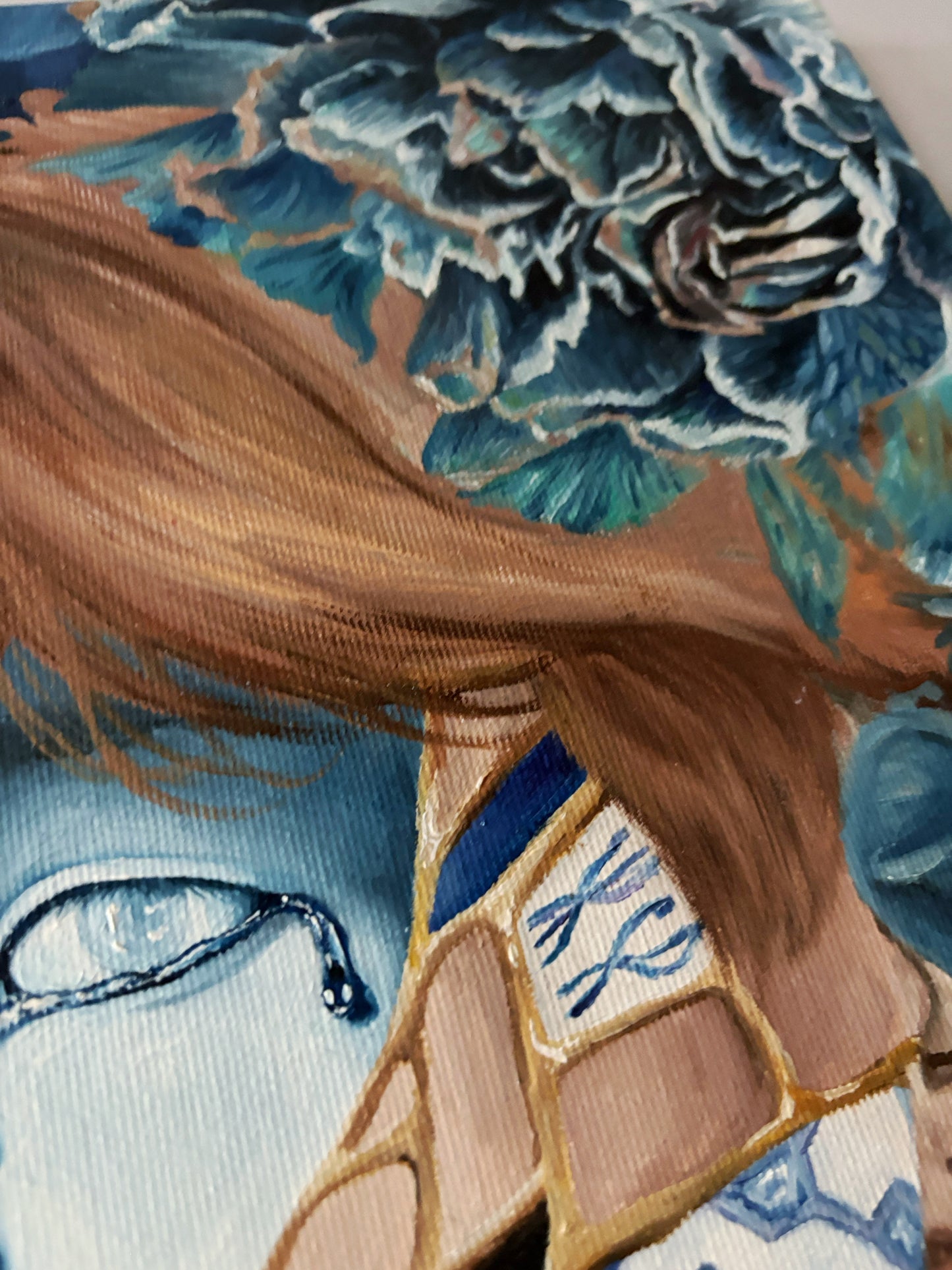 "Shattered Bloom: Resilience in Blue" Original Oil Painting