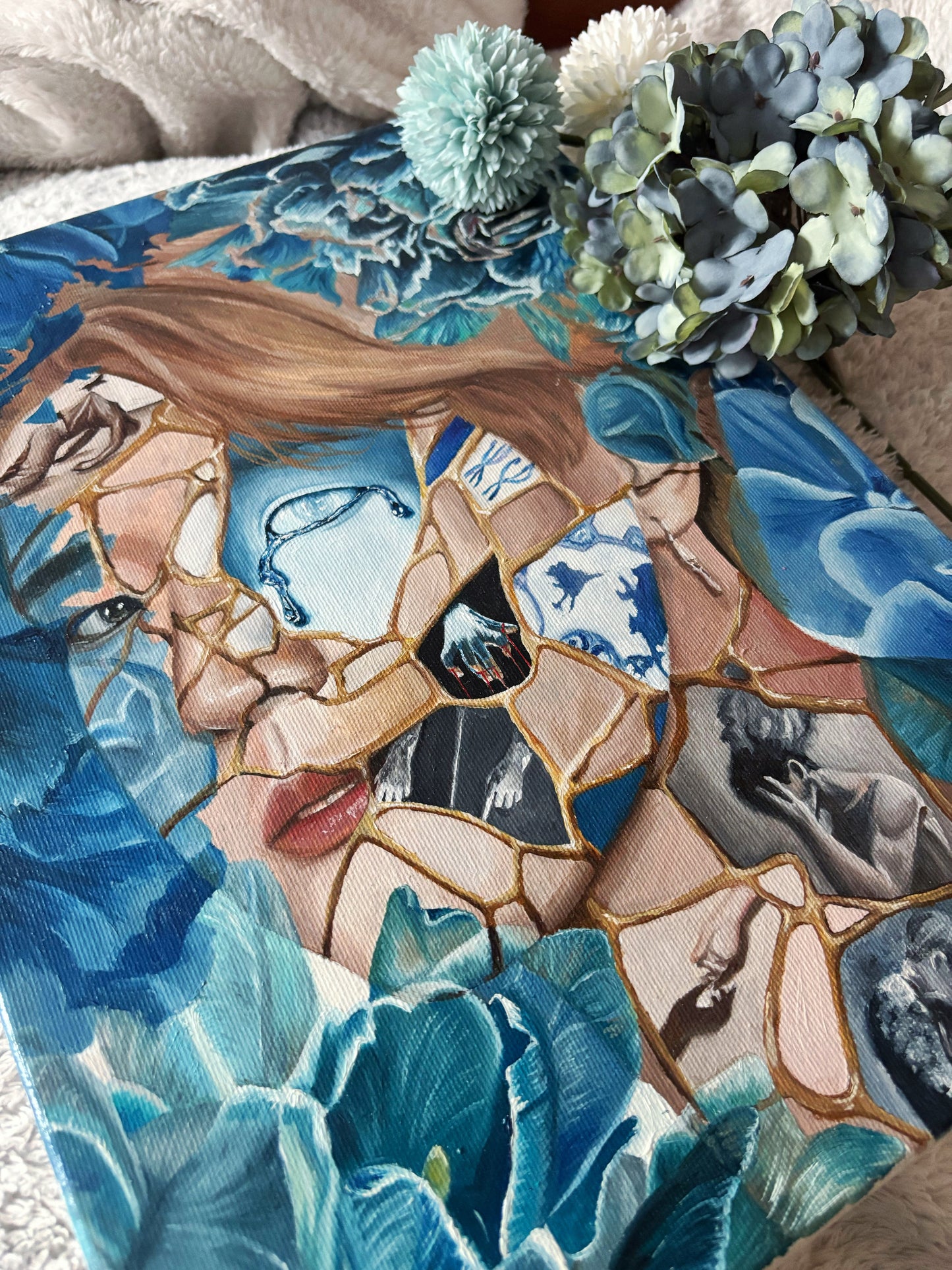 "Shattered Bloom: Resilience in Blue" Original Oil Painting