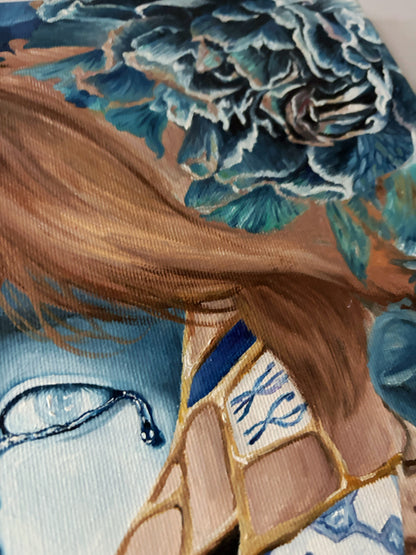 "Shattered Bloom: Resilience in Blue" Original Oil Painting