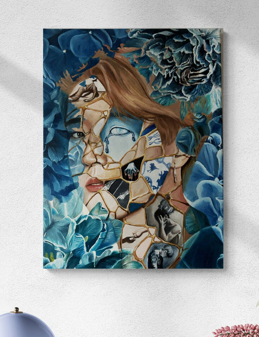 "Shattered Bloom: Resilience in Blue" Original Oil Painting